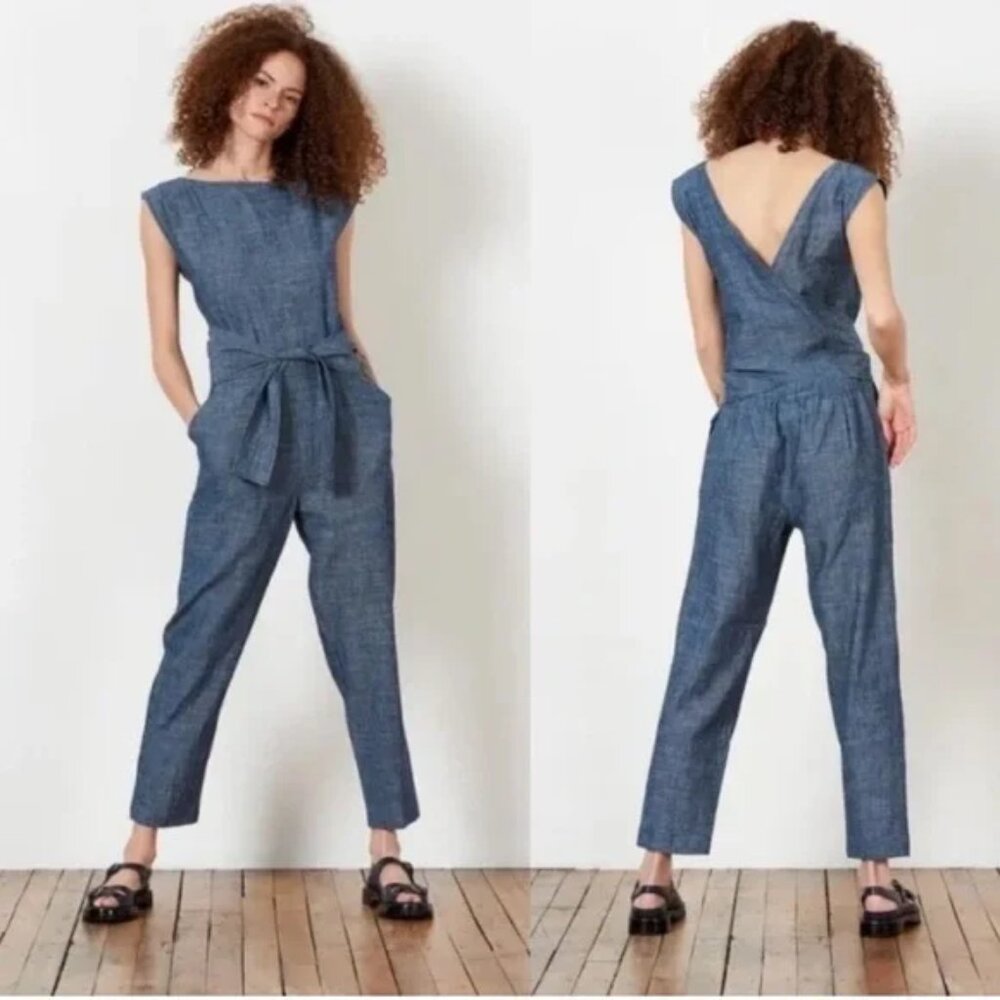 OZMA Small Hemp Heather Blue Tie Back Matador Wrap Jumpsuit